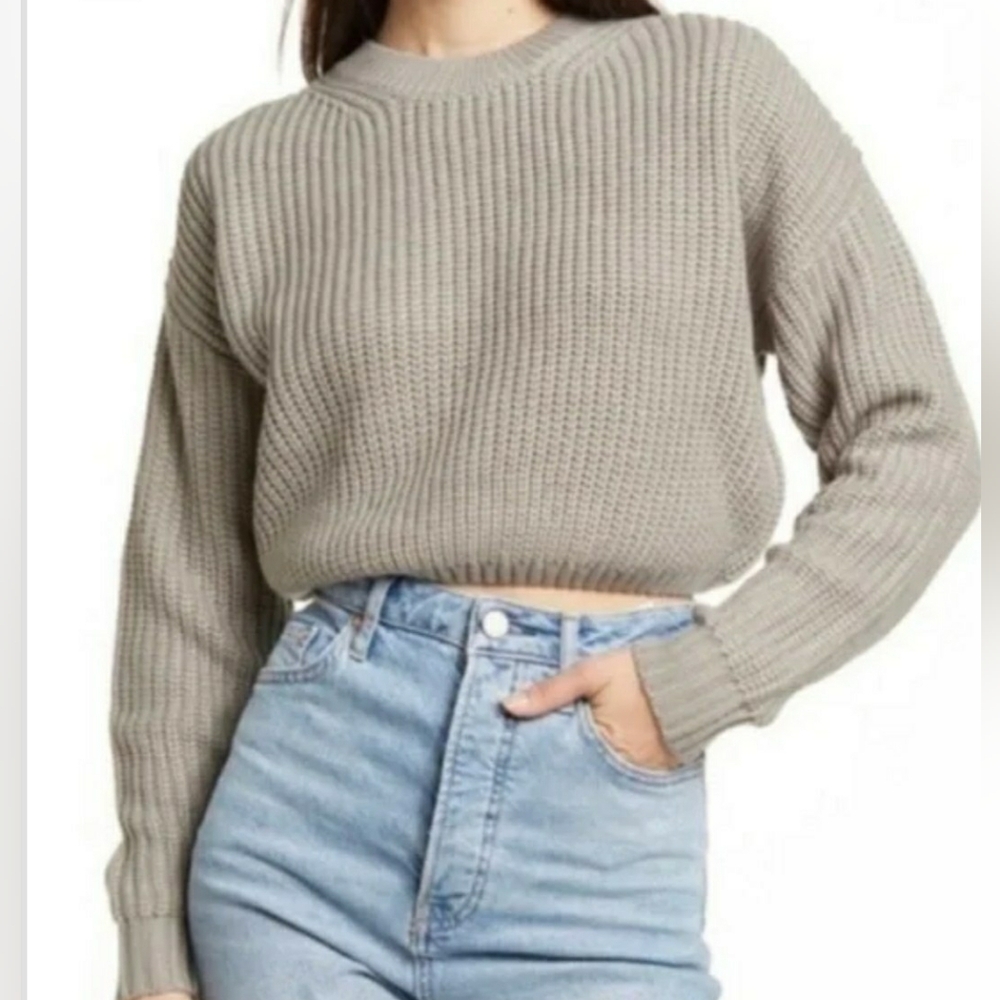 Elodie Gray Knit Crew Neck Crop Sweater Sz Med
